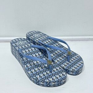 Tory Burch Thandie Blue White Geometric Wedge Flip Flops Sandals Size 10